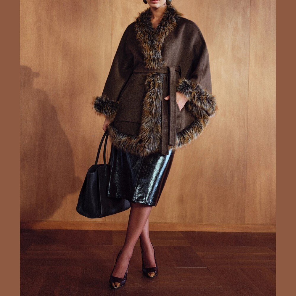 Brown Wool Blend Faux Fur Trim Belted Waterfall Cape Coat - Picture 5 of 8